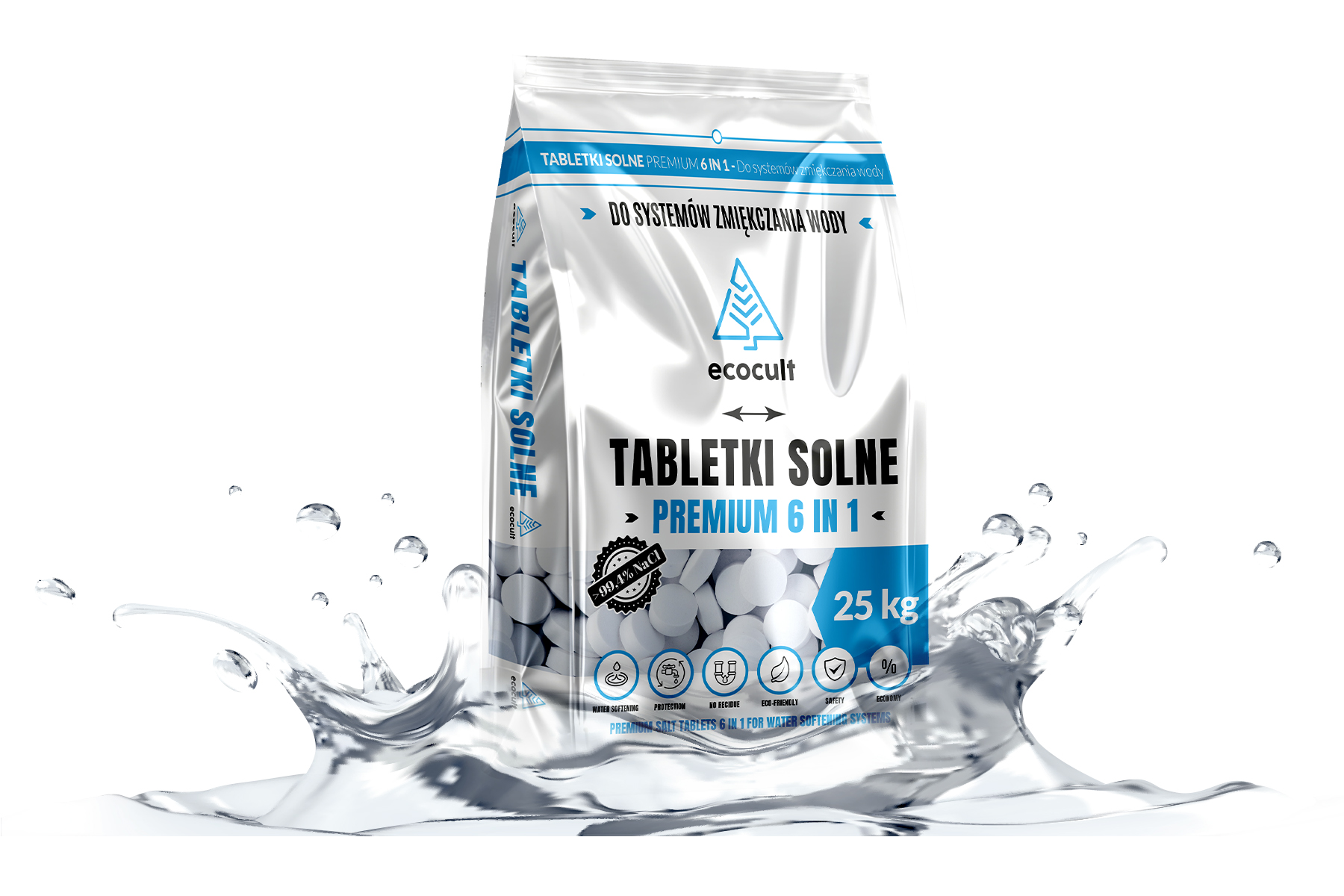 Worek 25 kg Ecocult — Premium 6 in 1 na tle rozbryzgu wody